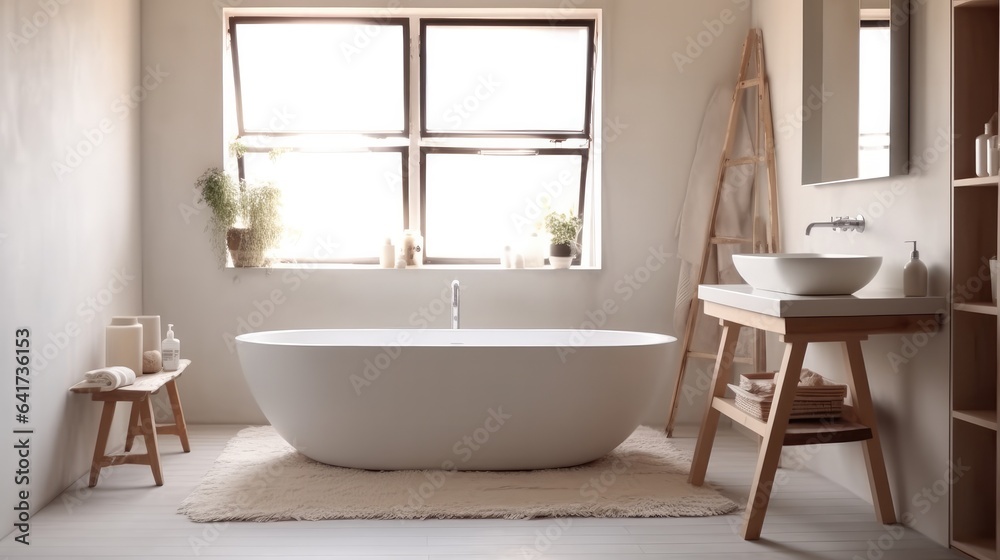 Modern Bathroom with White Bathtub and Sink.