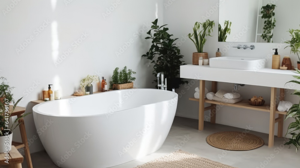 Modern Bathroom with White Bathtub and Sink.