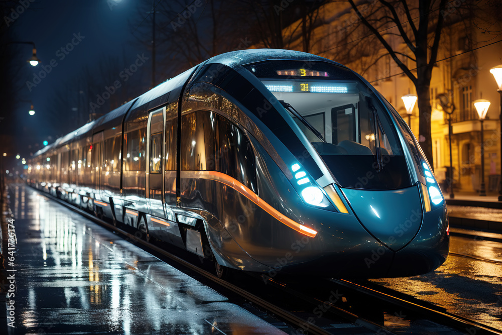 High speed train in motion on the railway station at sunset. Fast moving modern passenger train on r