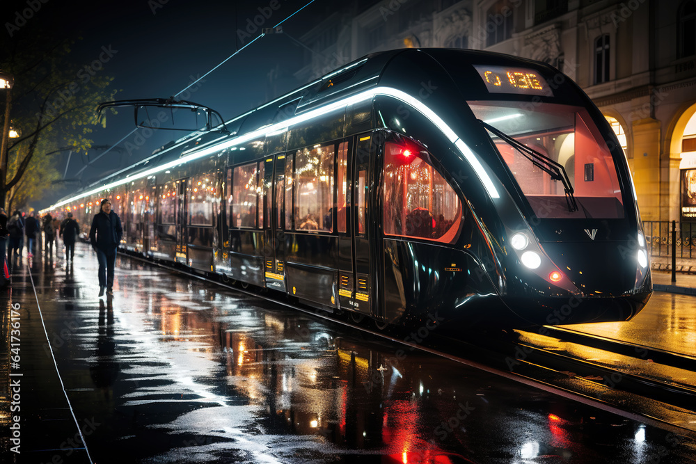 High speed train in motion on the railway station at sunset. Fast moving modern passenger train on r