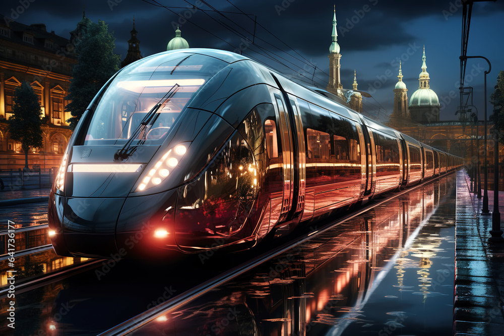 High speed train in motion on the railway station at sunset. Fast moving modern passenger train on r