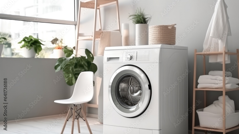 Laundry room with washing machine in modern house.