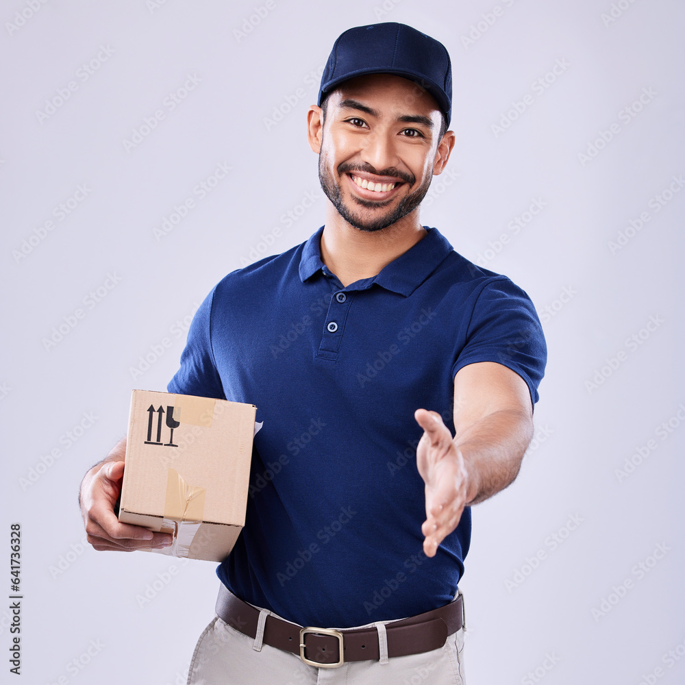 Portrait happy man, delivery box and hand shake gesture for greeting, hello or shipping product, exp