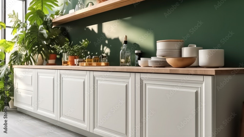 Kitchen corner with bright cabinets and plant and utensils in modern house.