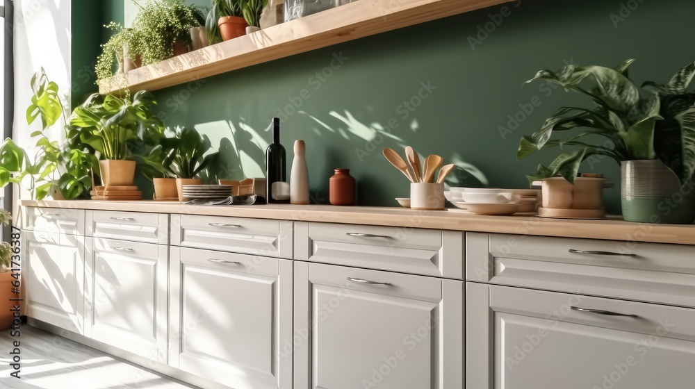 Kitchen corner with bright cabinets and plant and utensils in modern house.