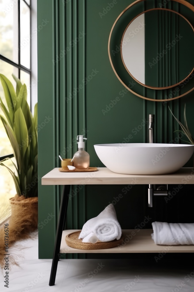 Modern of bathroom with sink bowl on dressing table, Stool and mirror with shelving unit.