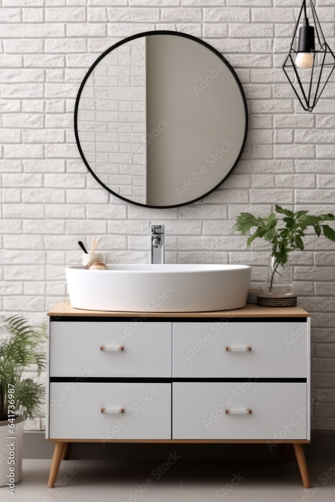 Faucet and sinks in restroom in modern house.