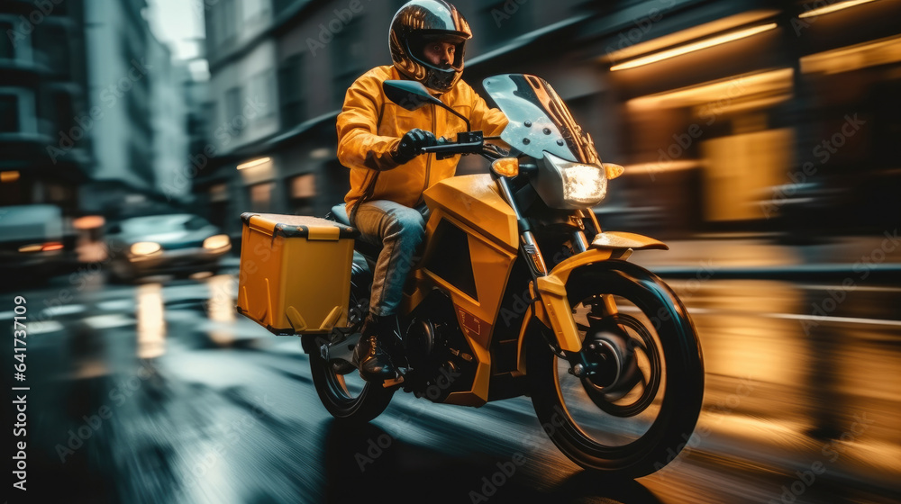 Modern delivery motorcycle driving on road in city.