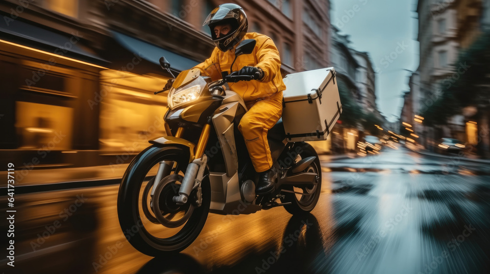 Modern delivery motorcycle driving on road in city.