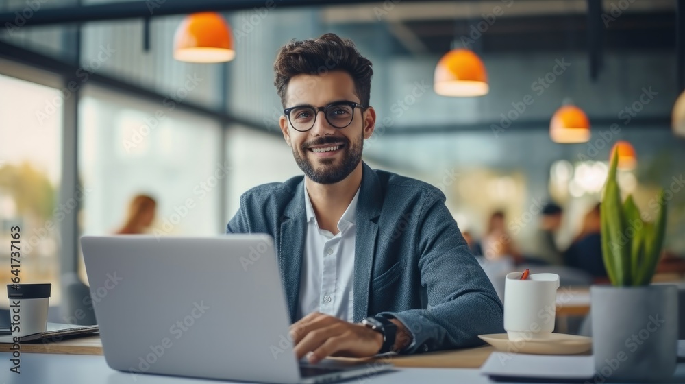 Portrait of Businessman Works on Laptop at modern Office, Digital Entrepreneur Works on e-Commerce S