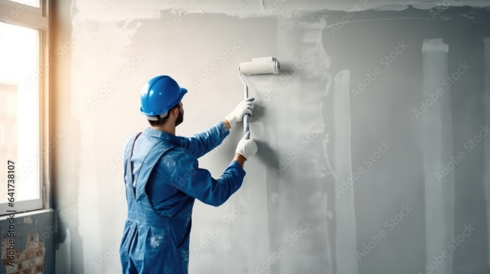 Contractor are painter the wall indoors at home.