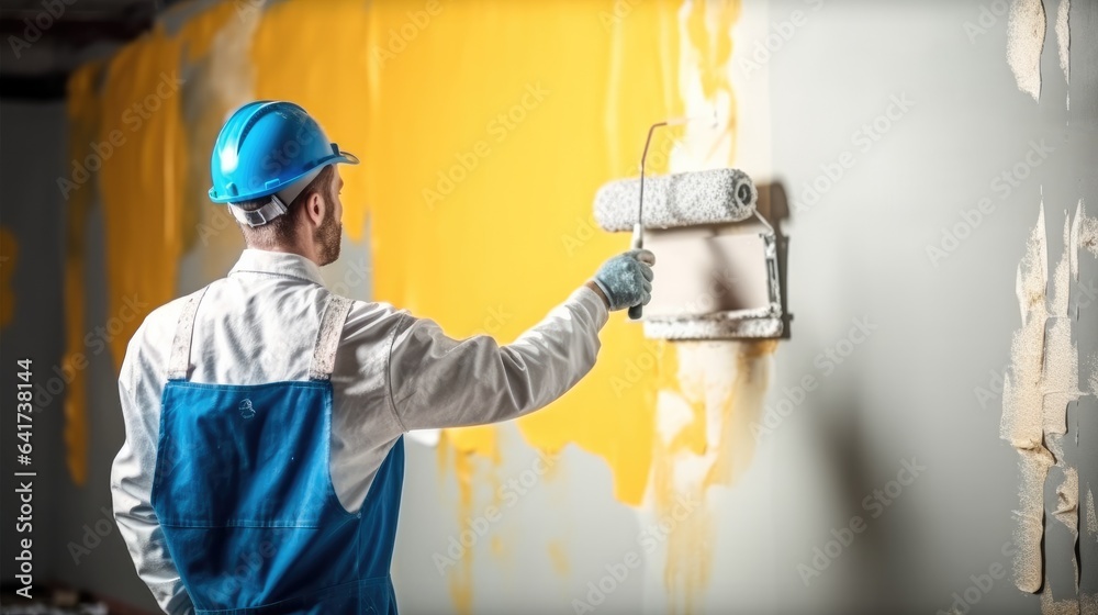 Contractor are painter the wall indoors at home.