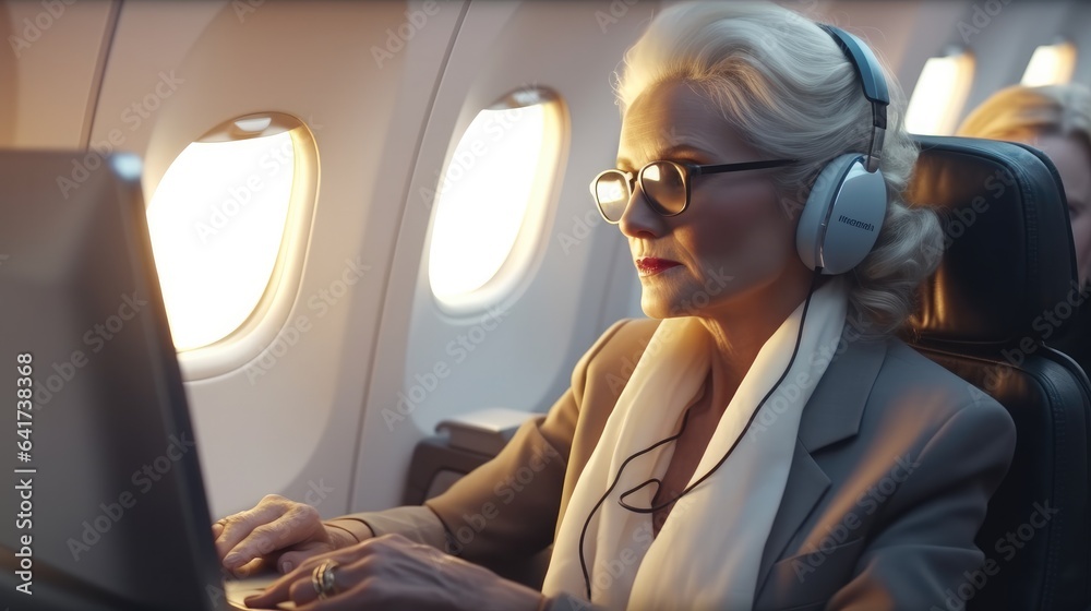 Senior businesswoman travels business class aboard a private jet, Business traveling concept.