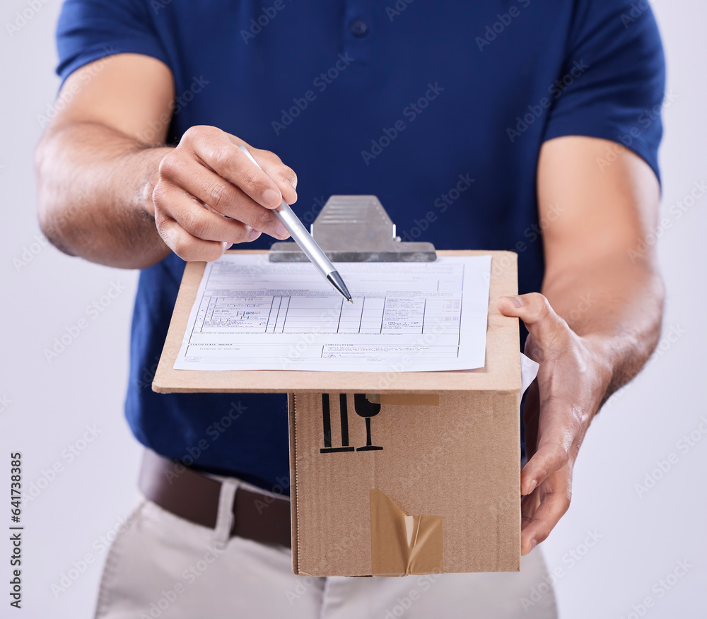 Pen, signature and hands of delivery man with box in studio, safe transport for ecommerce product. P