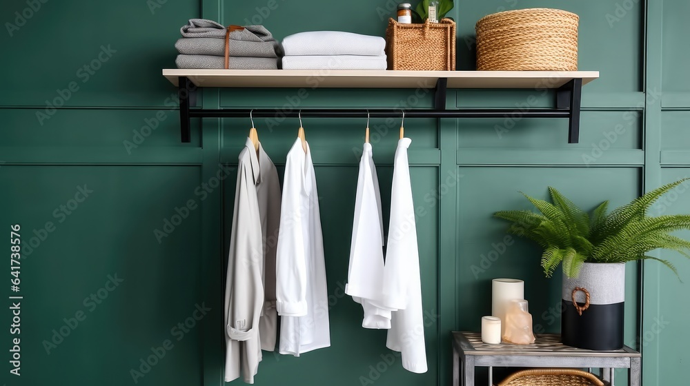 Shelving unit with clothes, Towels and plant in modern bathroom.