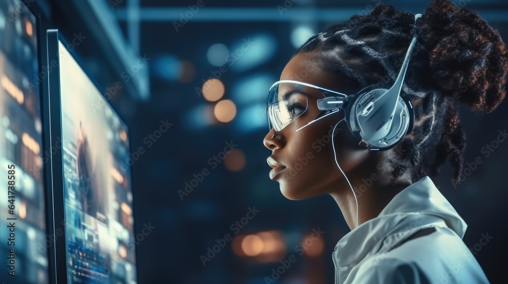 Black woman using computer program, Discussing on video call, Multicultural diversity future technol