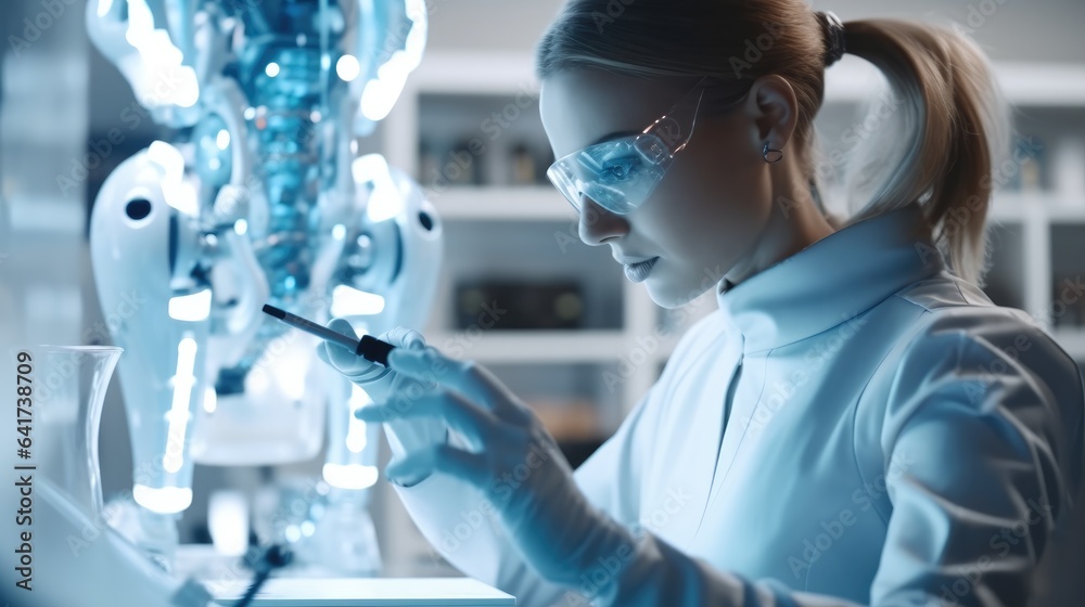 Female scientist and AI robot working together in the science lab, Science, chemistry, technology.