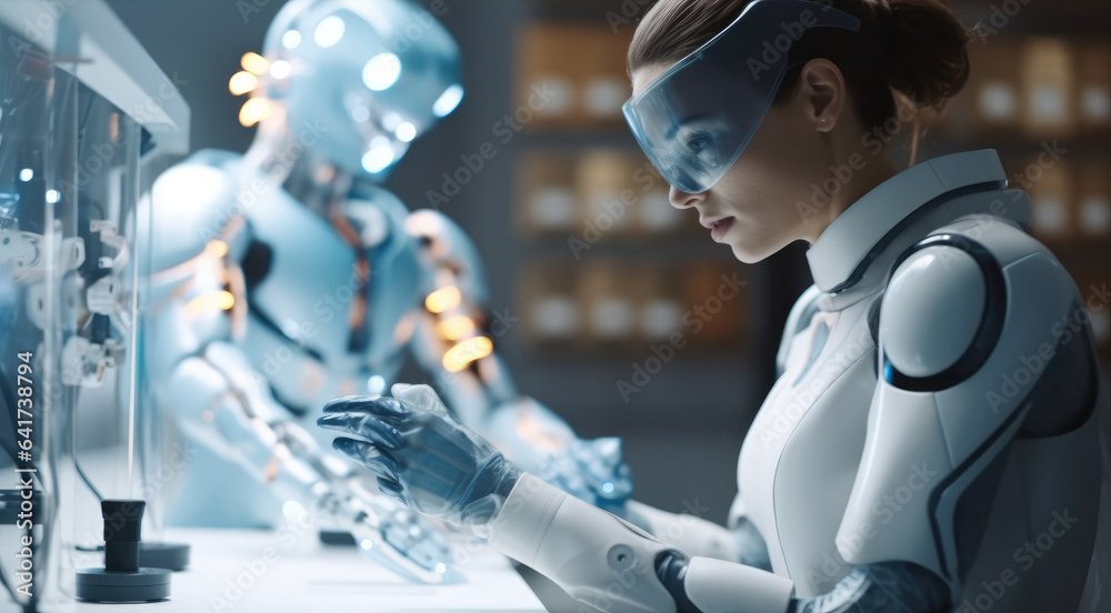 Female scientist and AI robot working together in the science lab, Science, chemistry, technology.