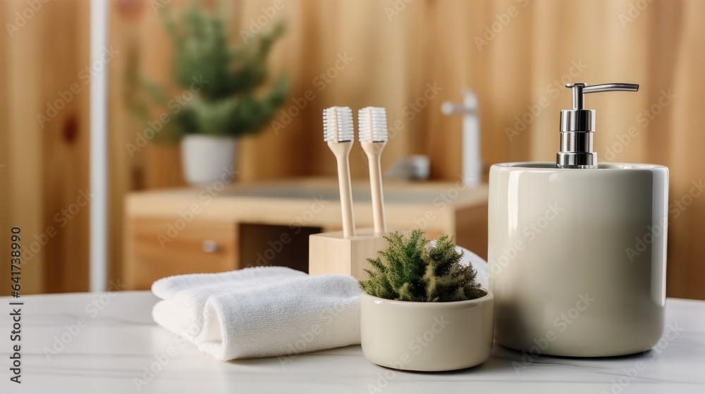 Interior of modern restroom with soap dispenser and cup with toothbrushes on table in house.