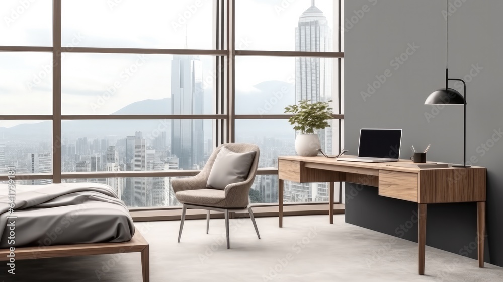 Table with laptop and bedroom interior at Apartment.