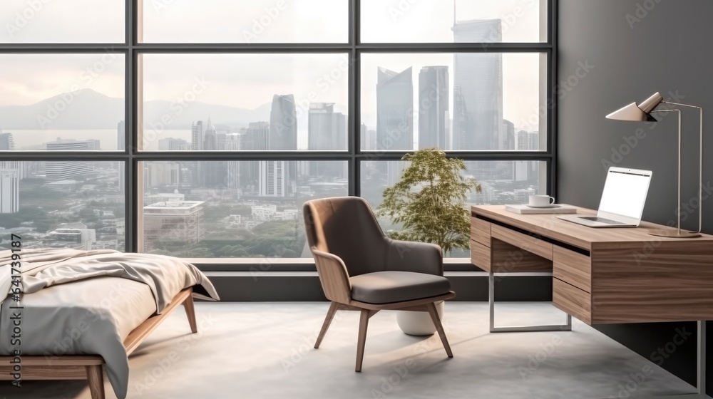 Table with laptop and bedroom interior at Apartment.