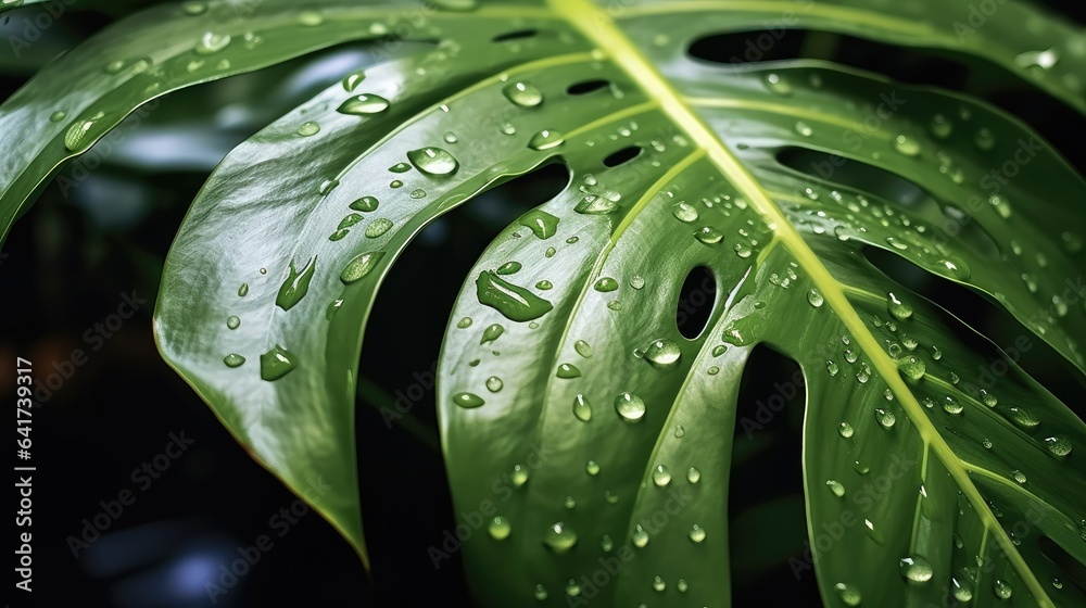 Green leaves with water drops of monstera or split-leaf philodendron the tropical foliage plant grow