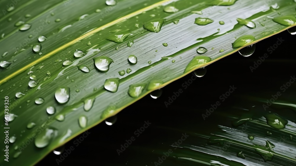 Tropical coconut palm leaf with water droplets.