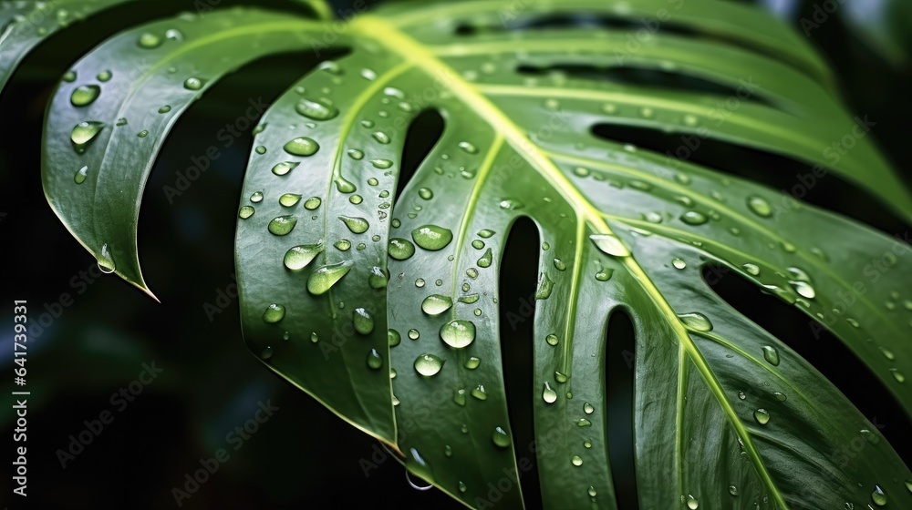 Green leaves with water drops of monstera or split-leaf philodendron the tropical foliage plant grow