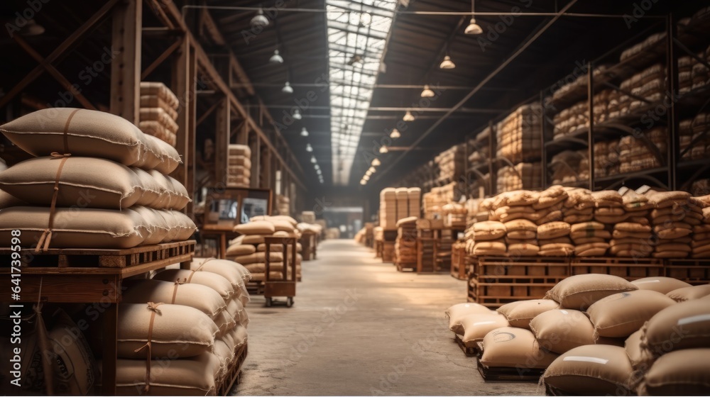 Old warehouse with canvas bags.