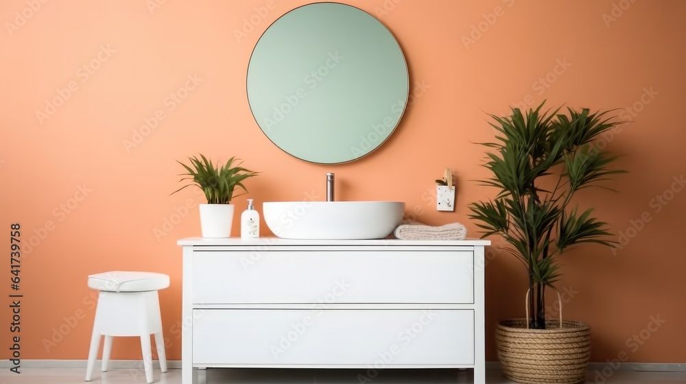 Interior of an elegant bathroom, Sink bowl on wooden cabinet and shelving unit.