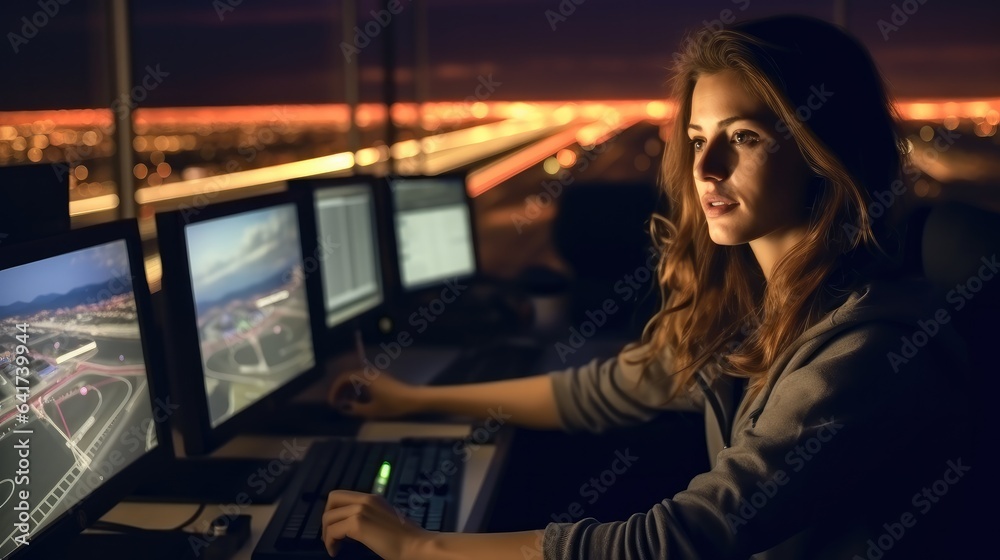 Woman working as air traffic controller at airport control tower.