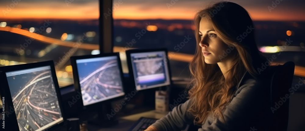 Woman working as air traffic controller at airport control tower.