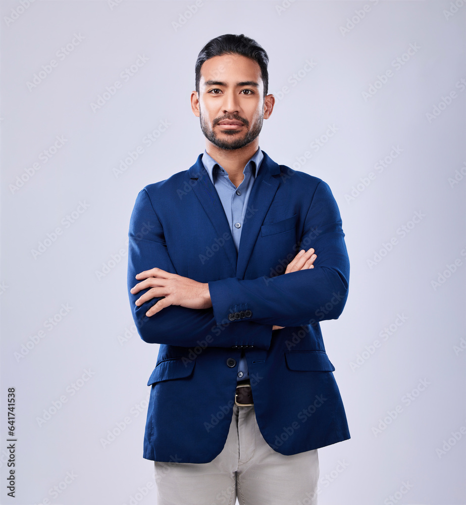 Portrait, serious and business man with arms crossed in studio isolated on a white background mockup