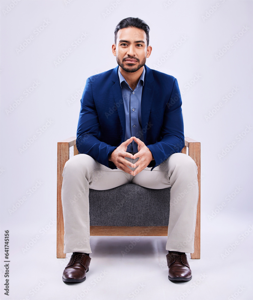 Portrait, lawyer and business man on chair in studio isolated on a white background mockup space. Pr