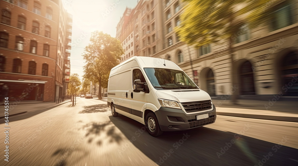 A white minibus running on city streets. Moving And Delivery concept. Generative Ai