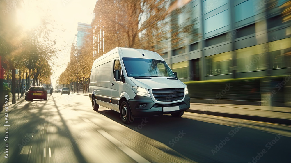 A white minibus running on city streets. Moving And Delivery concept. Generative Ai