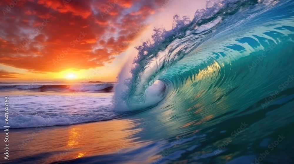 Colorful Ocean Wave. Sea water in crest shape. Sunset light and beautiful clouds on background