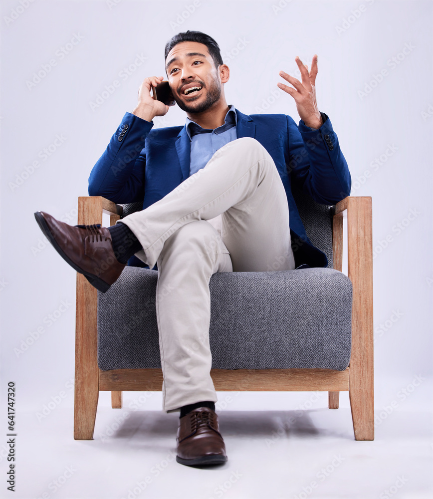 Studio phone call, chair and professional man, real estate agent and business discussion, conversati