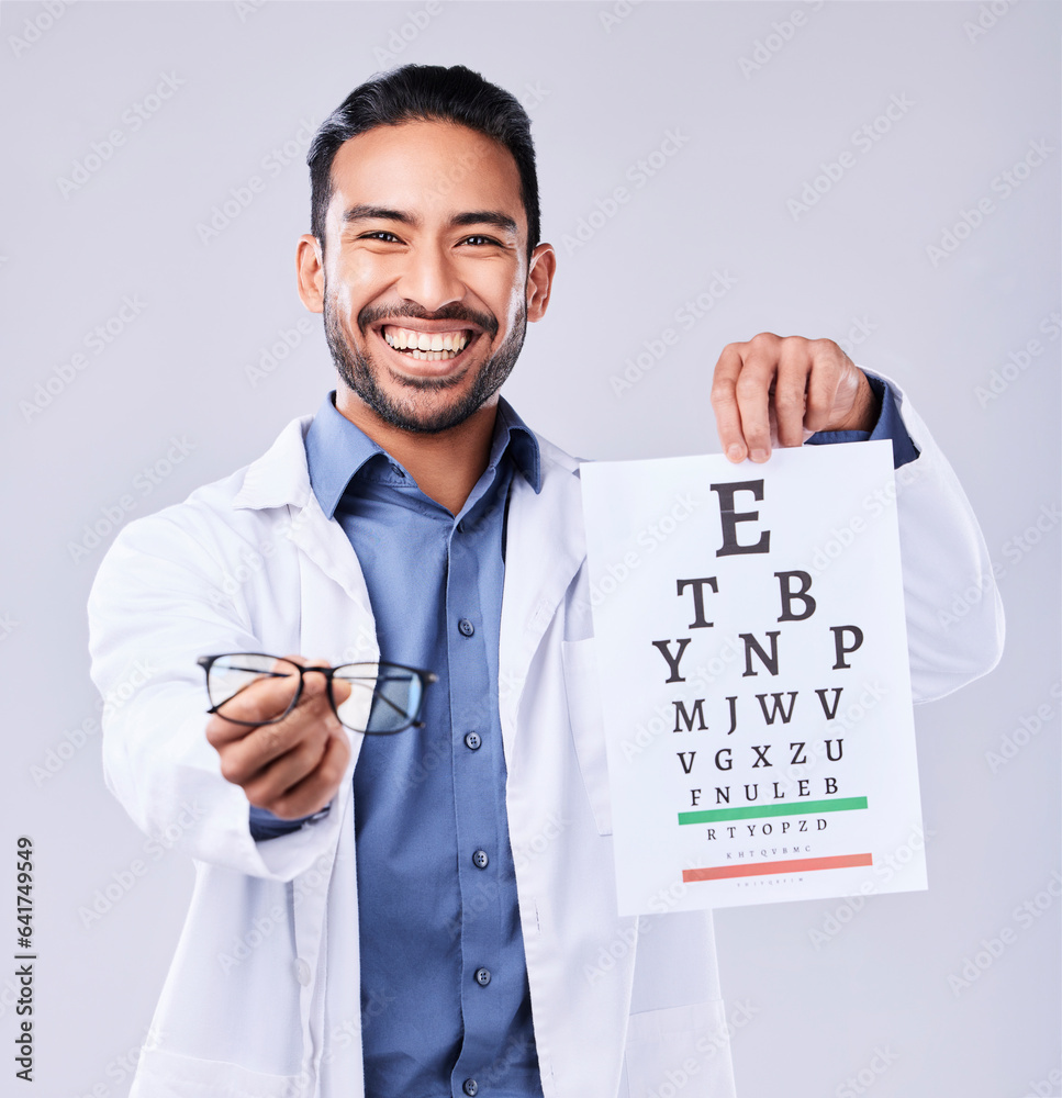 Man, glasses and eye chart of ophthalmologist in portrait at studio isolated on white background. Fa