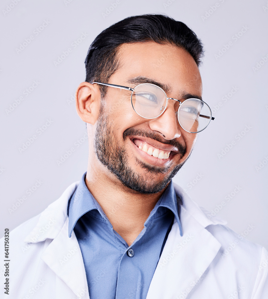 Happy, smile and man doctor in a studio with glasses for vision, eye care and wellness. Pride, confi