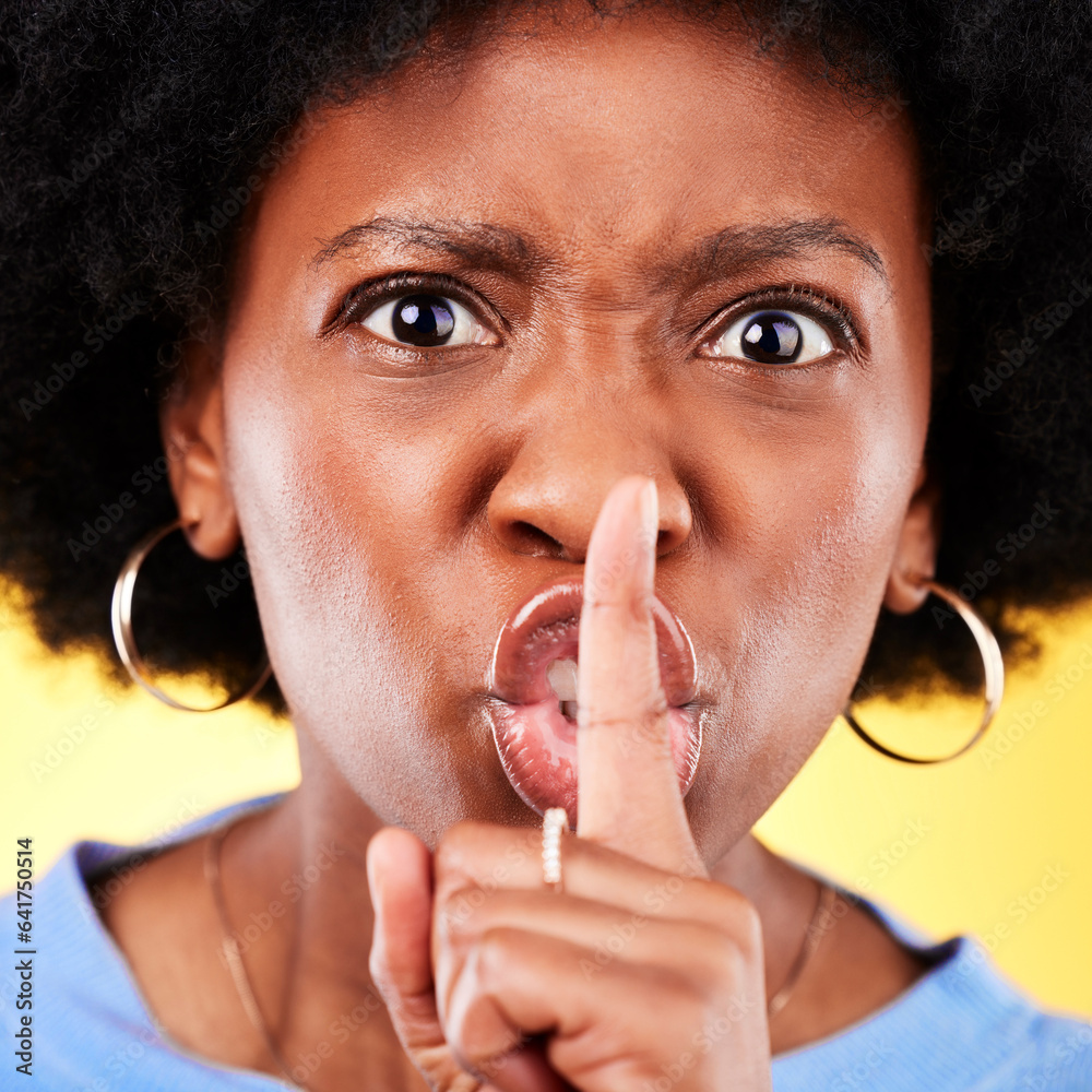 Angry portrait, woman and secret on lips in studio for privacy, drama and noise on yellow background