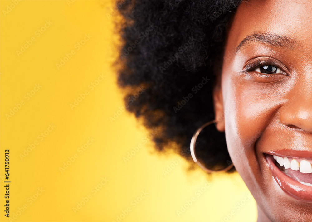 Half, face and black woman smile with skincare mockup for beauty, cosmetics or marketing in studio b