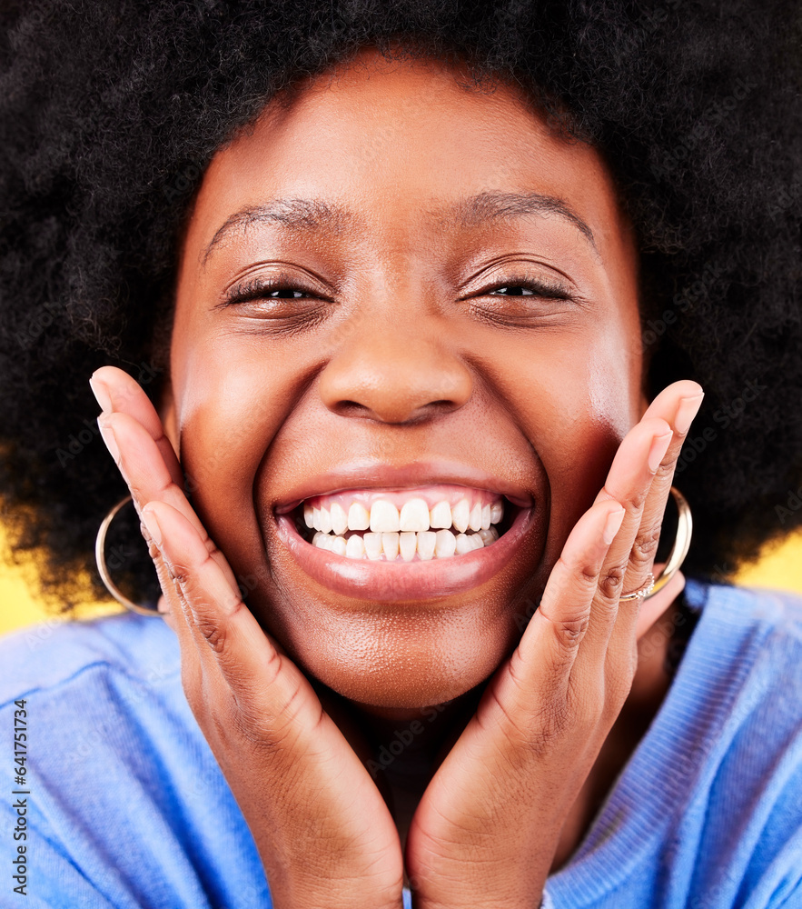 Smile, excited and portrait of black woman on yellow background for good news, wow and surprise. Emo