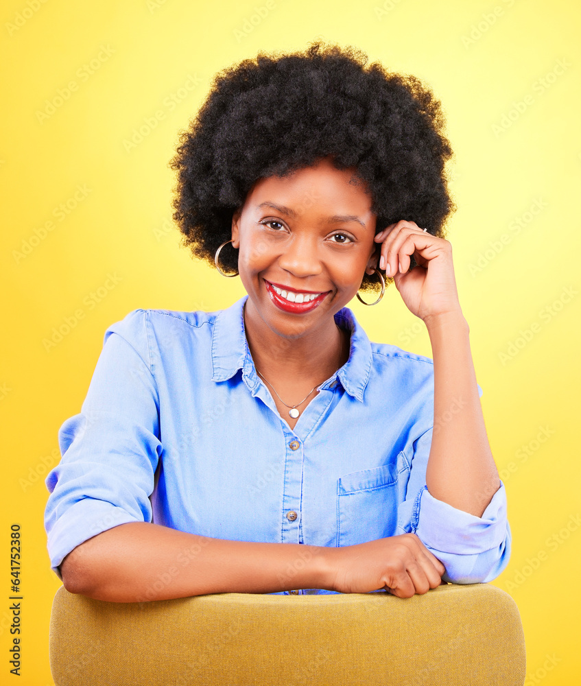 Happy, thinking and portrait of black woman with beauty, fashion and natural confidence on yellow ba