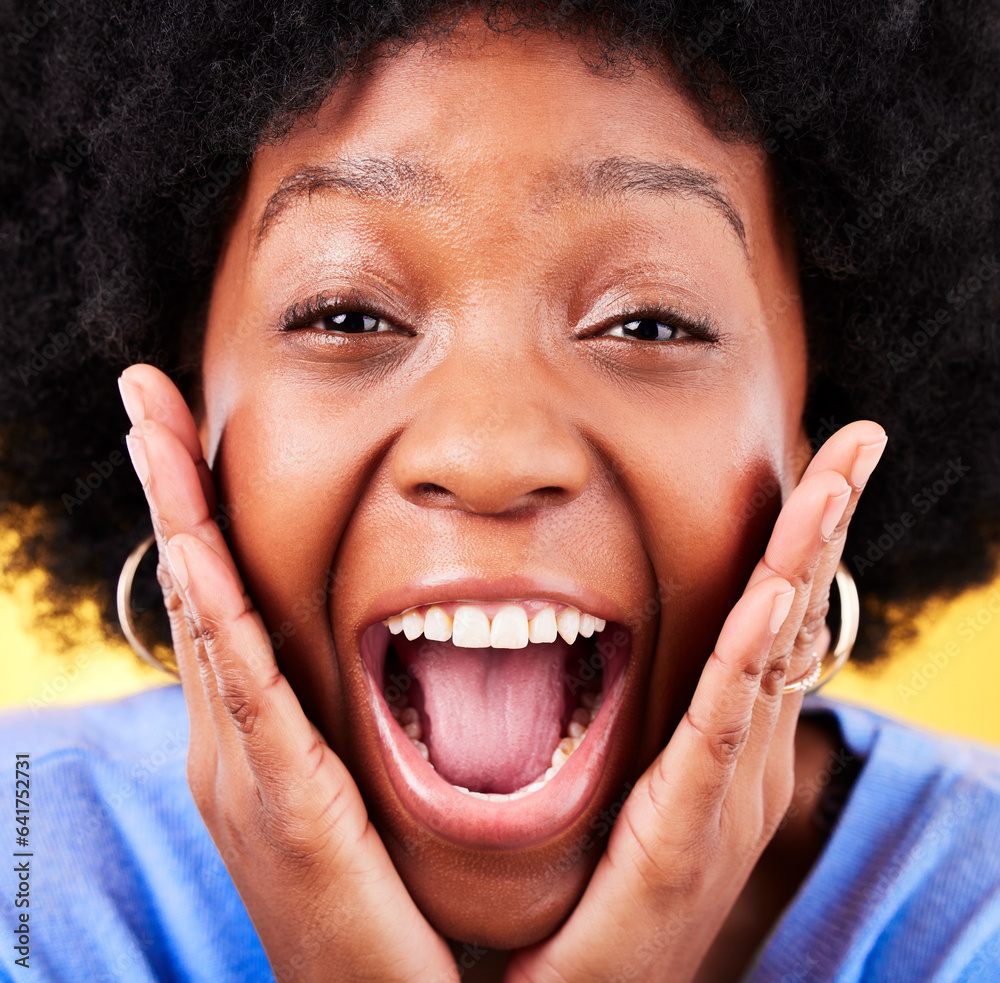 Closeup of excited, surprise and portrait of black woman on yellow background for good news, wow and