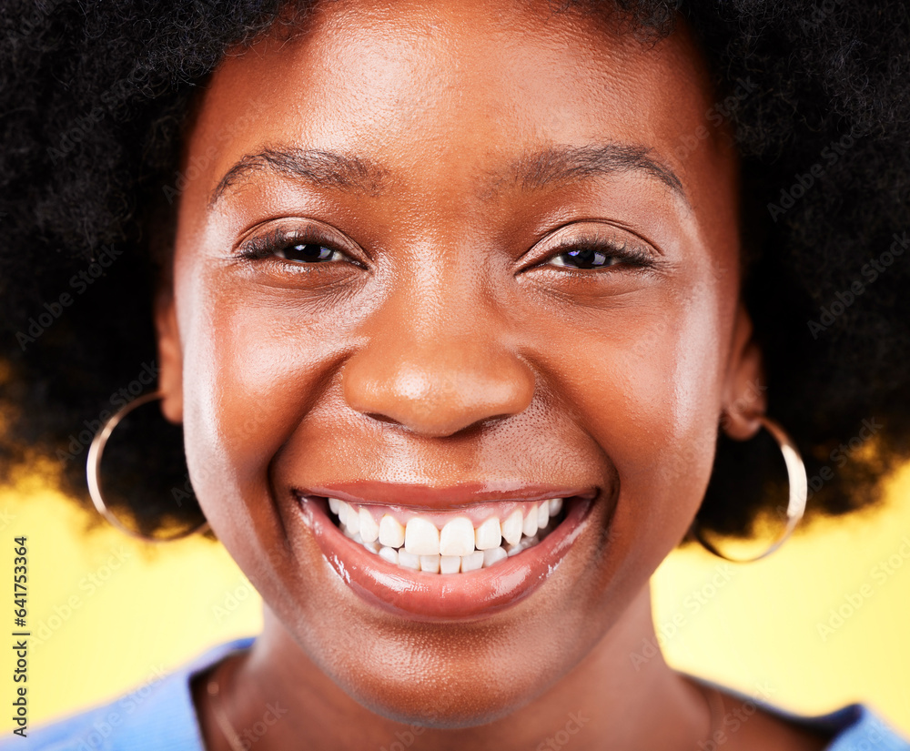 Happy, portrait and skincare for black woman with a smile for beauty, cosmetics or marketing in stud