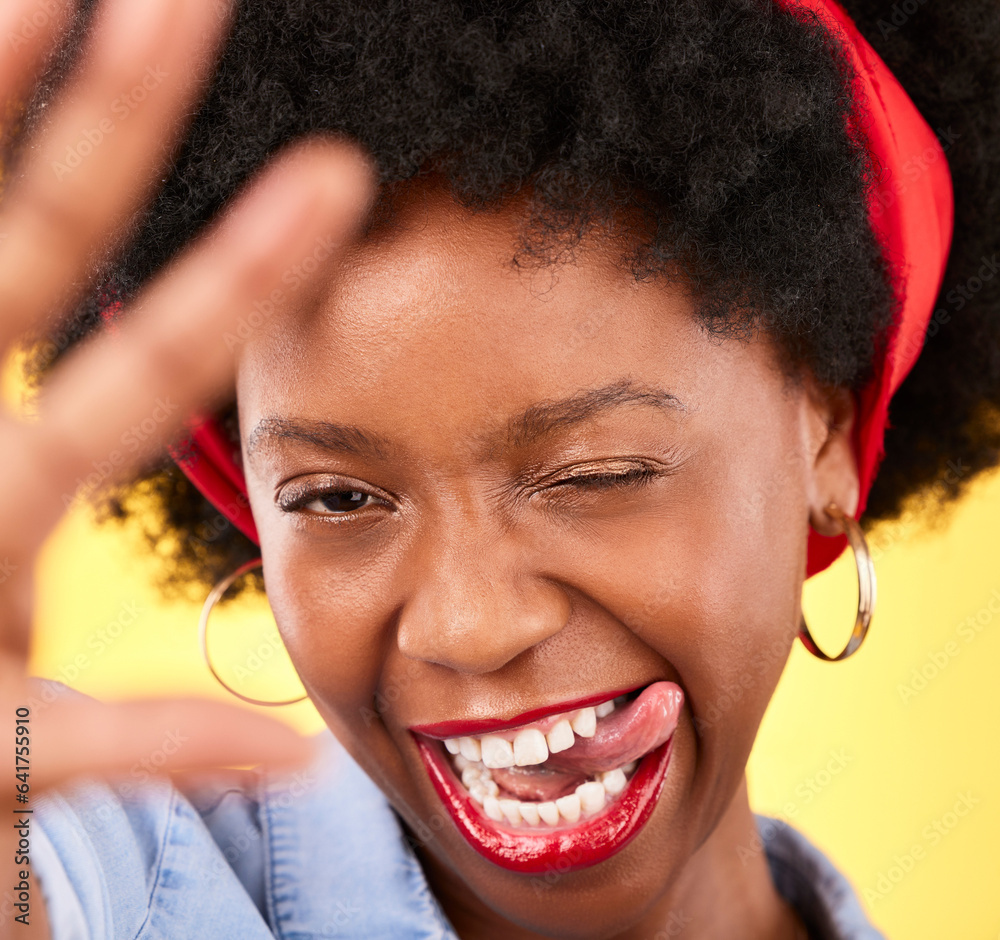 Portrait, black woman or influencer taking a selfie with a crazy face or tongue out on social media.