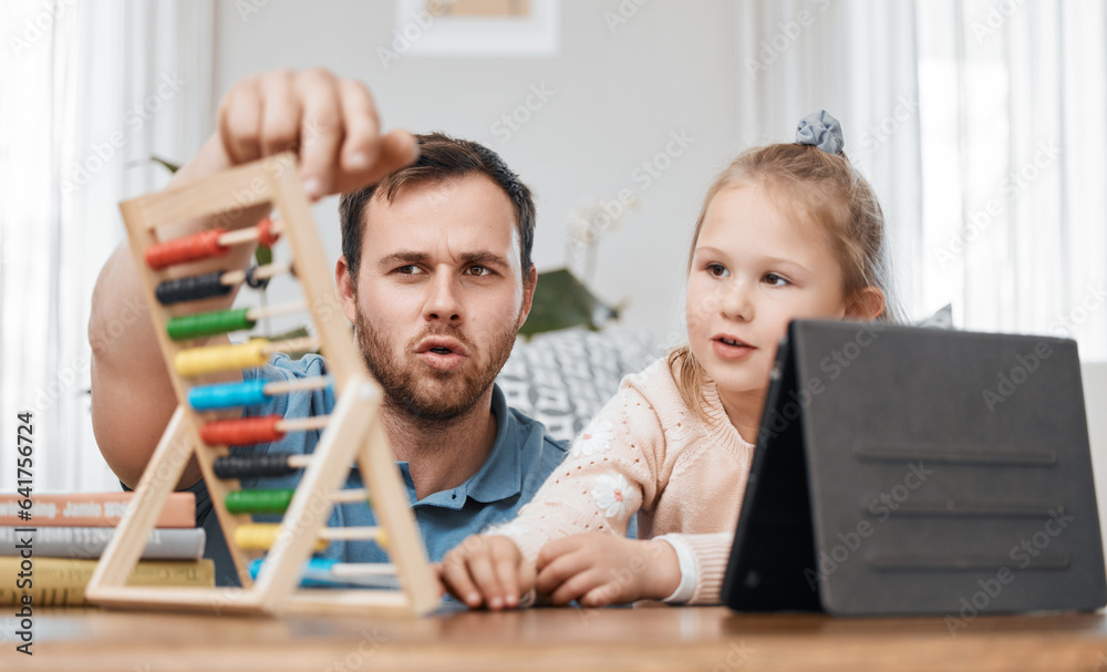 Tablet, abacus and father with girl for homework for creative learning, education and development. F