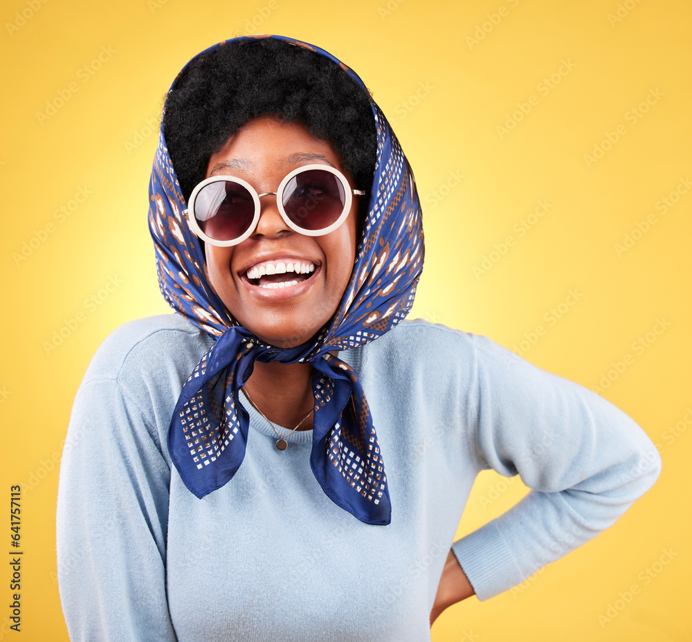 Fun, retro and woman laugh with sunglasses and smile closeup with vintage frames accessories in stud