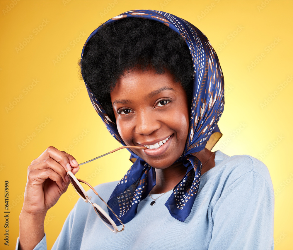 Fashion, smile and sunglasses with portrait of black woman in studio for vintage, trendy and beauty.